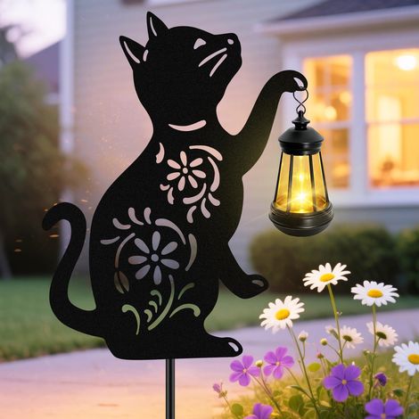 Lanterne solaire suspendue en forme de chat, veilleuse automatique étanche avec LED blanc chaud, décoration extérieure pour jardin, terrasse ou patio, noire (1/5)