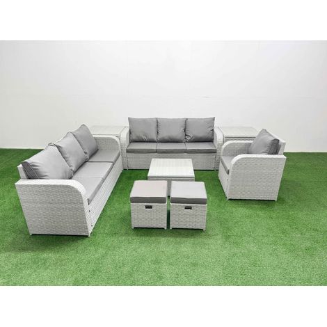 Fimous 9 Seater Poly Rattan Outdoor Garden Furniture Square Coffee Table Sofa Set Patio 3 Seater Sofa Reclining Chair 3 Seater Sofa Stools 2 Side Table Light Grey (1/4)