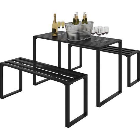 Gartengarnitur für 4 Personen, 1 Tisch & 2 Bänke, Metall, Schwarz (1/5)