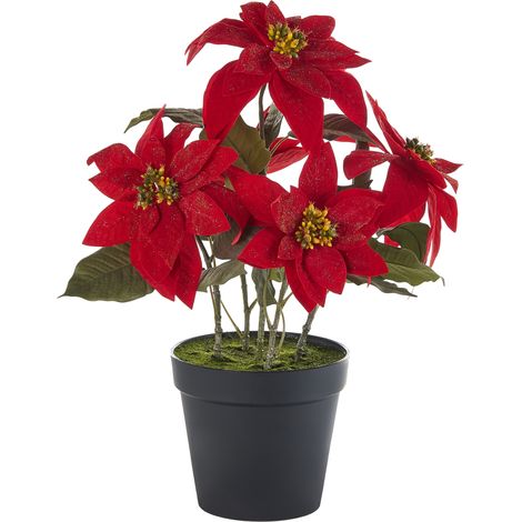 Planta artificial en maceta flor de Pascua flores de tela 61 cm decoración festiva ramitas ajustables rojo Christmas Flower (1/5)