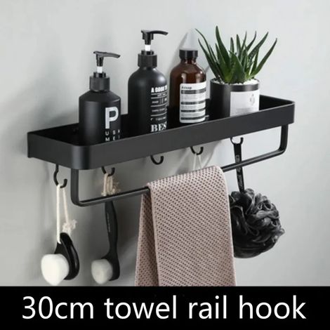 (Crochet porte-serviettes 30 cm) Étagère de salle de bain sans perçage, rangement de douche, étagères d'angle noires, fixation murale en aluminium, porte-shampoing WC (1/5)