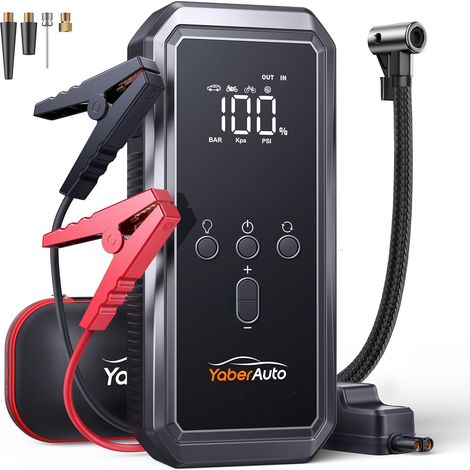 Aide au démarrage de voiture 5000 A, batterie externe avec compresseur 150 PSI, batterie externe 21,800 mAh avec lumière d'urgence 300 lumens, batterie externe 4 en 1 pour démarrage avec (1/5)