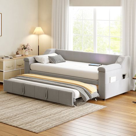 Lit gigogne, 90/180190 cm, avec système stéréo Bluetooth Smart et port de charge USB, tissu velours, gris clair (1/5)