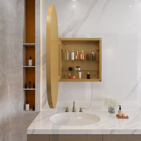 Meuble miroir ovale raffiné, placard pharmacie mural encastrable, étagère métallique dorée avec glace et tablettes ajustables, rangement salle d'eau, séjour et chambre. (1/5)