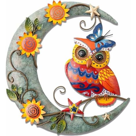 Decorazione da parete in metallo con luna e gufo/drago, decorazione da parete in ferro 3D con animali, logo da parete appeso alla porta, decorazione da parete in metallo (29,29 cm) (1/4)