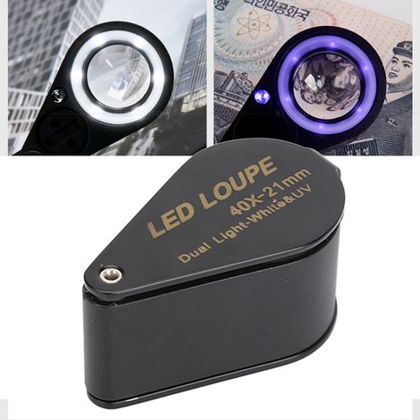 Loupe pliante 40X entièrement métallique avec 6 lampes LED et 7 lampes fluorescentes UV (1/5)