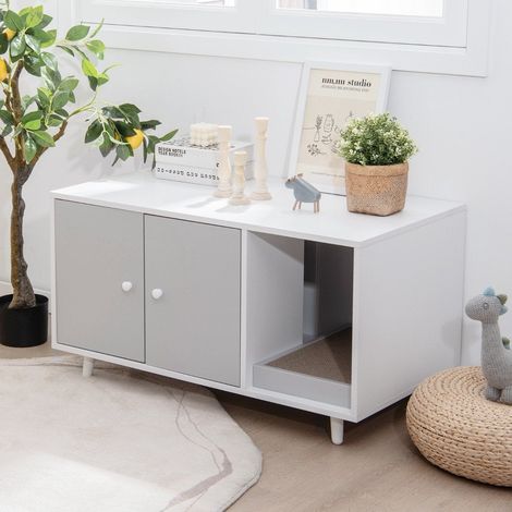 2 in 1 beistelltisch katzenschrank mit kratzbrett katzentoilette kaffeetisch 90 x 50 x 50 cm grau