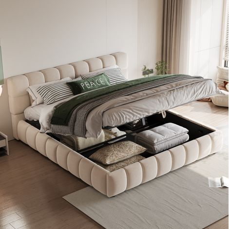 letto matrimoniale 140x190 contenitore velluto beige HAVRYA (1/5)