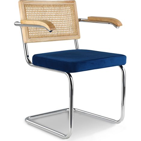 Dining Chair with Armrests - Velvet Upholstery - Wood & Rattan - Martha Dark blue (1/5)