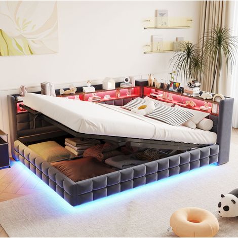 Cama tapizada 140/200 cm gris con arcón hidráulico, estantes integrados y LED (1/5)