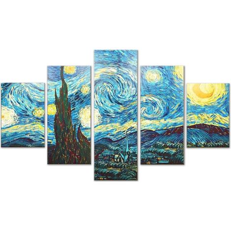 Lupia - Quadro moderno 5 pezzi su tela pvc, Grande Vogue, NOTTE STELLATA Van Gogh, 105x160 cm, Stampe ad alta risoluzione, Facili da appendere, Ideale per soggiorno, camera da letto, Made in Italy (1/4)