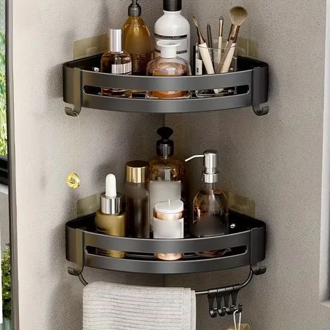 (2 Triangles Noirs HR) 1 étagère de rangement murale d'angle en aluminium sans perçage pour salle de bain - Idéale pour ranger shampoing, gel douche et cosmétiques. (1/5)