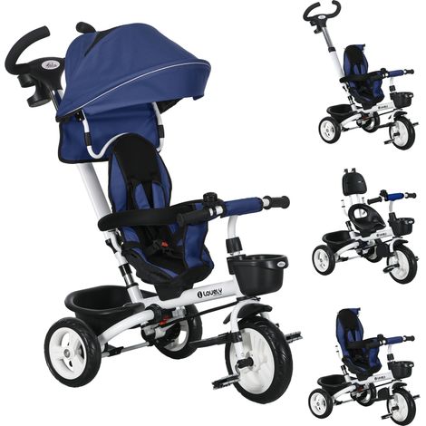 Tricycle pour enfants avec poignée polyvalente, bleu foncé, poussette réglable, ceinture de sécurité et panier