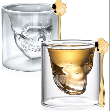 Lot de 2 Verres à Double Paroi en Forme de Tête de Mort - 250 ml - Verres Originaux pour Café, Thé, Cocktail et Liqueur avec 2 Cuillères (1/5)