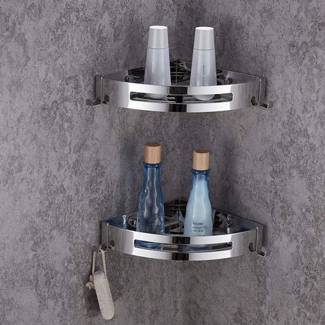 Porte-Produits D'Angle Pour Douche - Acier Inoxydable SUS304 - Sans Perçage - 4 Crochets - Trous Évacuation - 2 Pièces (1/5)