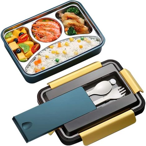 Lunch box étanche à 4 compartiments en acier inoxydable sans BPA (bleu)