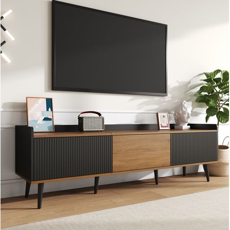 Meuble TV avec 3 portes rangement, meuble télé salon/chambre Design élégant 160×39×49cm, Noir + Marron (1/5)