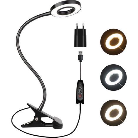 1 Pièce 5W Lampe de Bureau Noire avec Pince et Adaptateur, 48 LED Tattoo Lampe, 3 Couleur et 10 Intensite, LED Lampe USB Flexible, Clip Lampe de Lecture au Lit Enfant, Lampe Pince pour PC Travail [Cla (1/5)