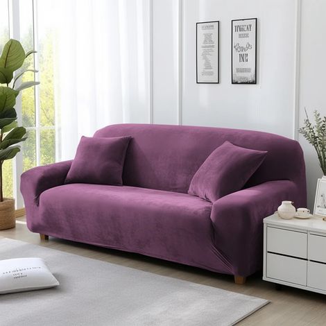 Housse de canapé en velours extensible (violet, deux places (145-185 cm)). (1/5)