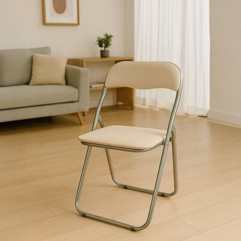 Dmora - Klappstuhl Marbella, Platzsparender Stuhl, Gästestuhl, Besprechungssitz aus Öko-Leder, 43x47h80 cm, Beige, mit verstärkter Verpackung (1/5)