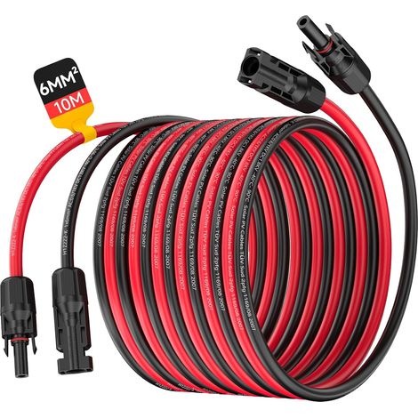 CÂBLE SOLAIRE 6MM², CÂBLE D'EXTENSION PV 10M AVEC PRISES ET FICHE SOLAIRE, RALLONGE DE CÂBLE SOLAIRE 10AWG, CONNECTEUR DE CÂBLE PHOTOVOLTAÏQUE ÉTANCHE IP68 POUR SYSTÈMES SOLAIRES (ROUGE/NOIR) (1/5)