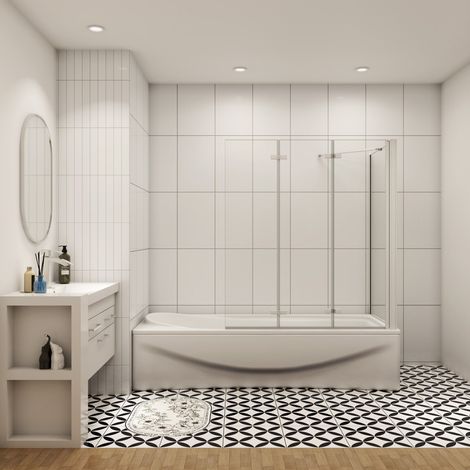 Weiß Badewanneaufsatz 130cm Faltwand mit 70cm Seitewand 6mm ESG Nanoglas für Badewanne Duschabtrennung Duschwand