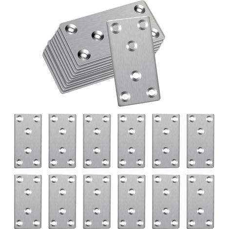 Lot de 12 plaques perforées en acier inoxydable argenté 80 x 40 mm – Universel comme connecteur plat pour supports muraux, supports à lattes, connexions de tuiles de toit et réparations de poteaux de