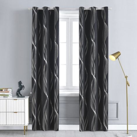 VURAHOME - Lot de 2 Rideaux Argenté Motif Ligne Salon Intérieur Maison Rideau Occultant Isolant Thermique à Oeillets 140x245cm Chambre Bleu Marine