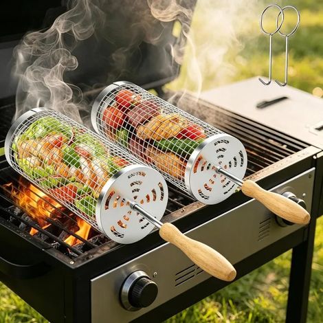 Panier barbecue lot 2 acier inox 304, manche amovible poignée bois, rotation 360°, compatible lave-vaisselle, paniers nidification (1/5)