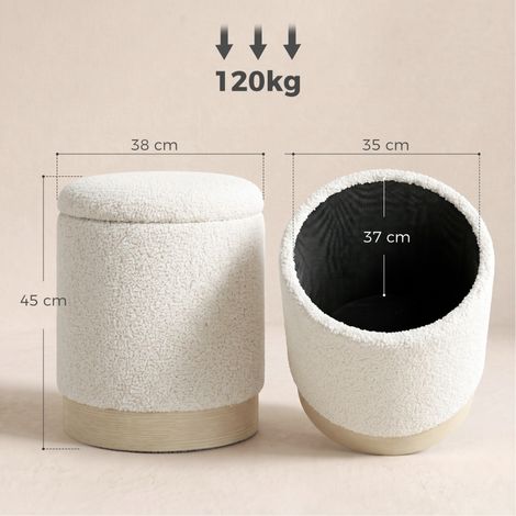 Tabouret rond 38 cm sherpa blanc crème, rangement intégré, piètement métal effet bois, pouf de rangement design pour salon (1/5)