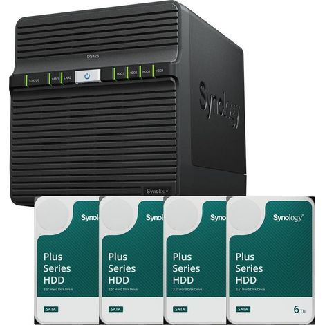 Carcasa de servidor NAS Synology DiskStation DS423 de 4 bahías + 4 discos duros SATA HDD Synology Plus de 3,5" y 6 TB (4 un