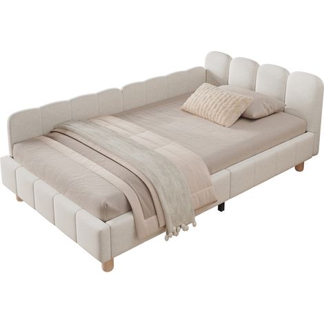 Lit enfant 90 x 200 cm en velours beige, avec tête de lit ergonomique, barrière de sécurité, poches latérales et pieds en bois d'hévéa - CHICFURN (1/5)