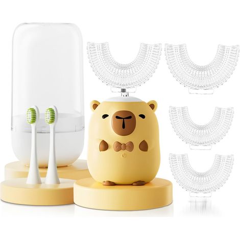 Brosse à dents électrique en forme de U pour enfants – Capybara de dessin animé avec 6 têtes de brosse – Brosse à dents automatique sonique pour (Capybara, 2-14 Âge)