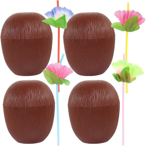 4er-Pack Kokosnussbecher mit Strohhalmen, Trinkbecher in Kokosnussform, Hawaiianische Partybecher-12.50X10.50X10.50CM (1/4)