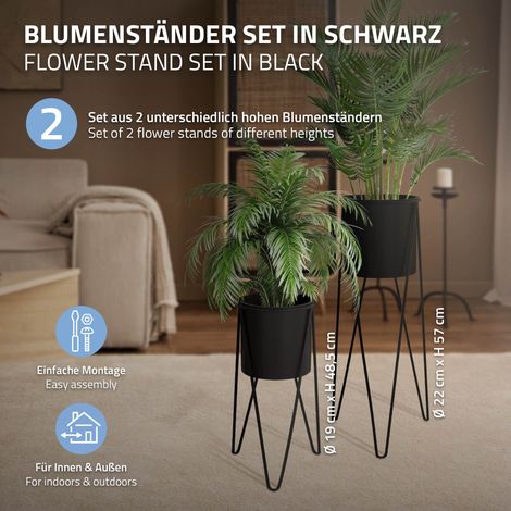 ML-Design Blumenständer 2er Set, Schwarz, 27x27x48,5 cm/35,5x34x75 cm, aus Stahl, Metallgestell Pflanzenständer, Blumentopfhalter 2-tlg, Blumentopfständer Blumenhocker Pflanztopf Deko Pflanztopfhalter