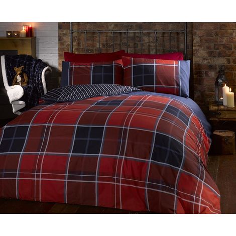 Parure de lit réversible avec Housse de Couette et taie d'oreiller Motif Tartan Rouge (1/5)