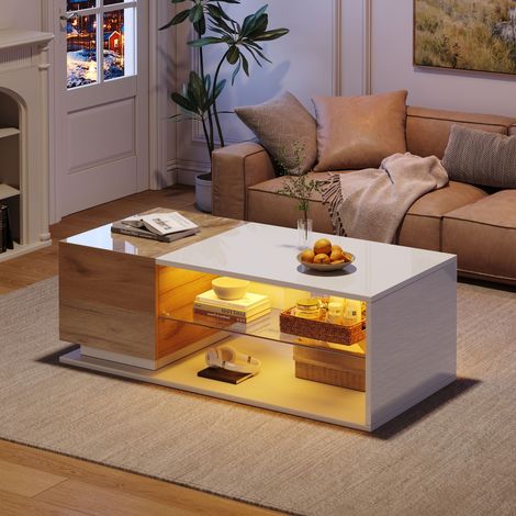 Table basse LED avec éclairage, table de salon blanc brillant, table à café avec rangement, barre lumineuse LED intégrée, 105x50x36cm (1/5)