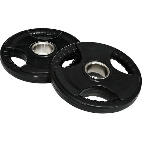 Set di due dischi per bilanciere, design a tre impugnature, 2 x 5 kg, rivestiti in gomma, dischi di peso olimpici, design antiscivolo, diametro interno 5 cm, tre maniglie, adatti per l'allenamento di  (1/5)