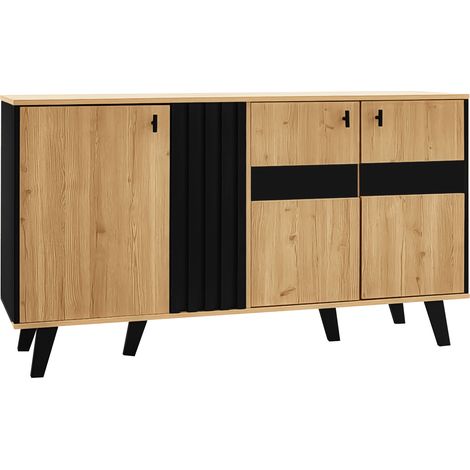 Aparador de 140 x 78,5 x 41 cm en madera y negro con 3 puertas, estantes, vidrio y luz LED HOMVRA (1/5)