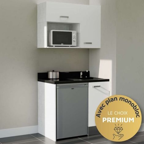 Kitchenette K00L - 100 cm - plan monobloc évier intégré Nero- évier à droite - Façades Blanc + Electroménager inclus coloris Inox (1/5)