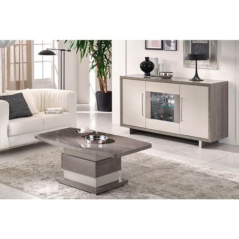 AUXANE - Ensemble Table Basse + Buffet 3 Portes Led Gris Metallisé et Mat (1/4)