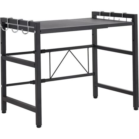 1 - Support Four Micro-Ondes - Étagère Cuisine Extensible - 2 Niveaux de Rangement avec 3 Crochets - Acier au Carbone Noir - 40x64x36,5cm