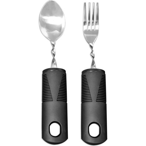 Flexibles, anpassungsfähiges Besteckset, 1 Löffel und 1 Gabel (schwarz), für ältere und behinderte Menschen, Griffhilfe bei Arthritis und Tremor, erleichtert selbstständiges Essen