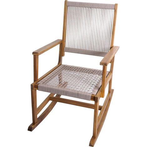 [JAMAIS UTILISÉ] Fauteuil à bascule HHG-730, fauteuil à bascule d'extérieur pour jardin, chaise longue à bascule, bois d'acacia, cordage tressé, beige (1/5)