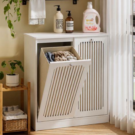 Meuble à linge 66x35x76 cm - panier à linge double avec 2 sacs en tissu, façade persiennée basculante et plateau supérieur - Blanc (1/5)