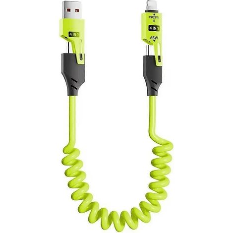 Câble de données USB 4-en-1 télescopique à ressort 65 W, charge rapide, compatible avec les modèles 16 et 15 pouces (1,5 m, noir). (1/4)