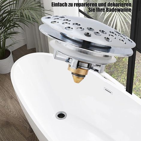 Bonde de baignoire avec piston entièrement en cuivre, bouchon de vidange à bouton-poussoir, bonde anti-odeurs et anti-obstruction. (1/5)