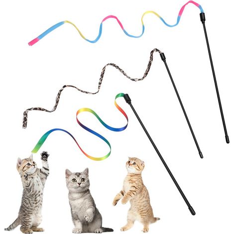 Canne à pêche interactive pour chat avec ruban coloré jouet stimulant pour l'exercice et la chasse des félins (1/5)