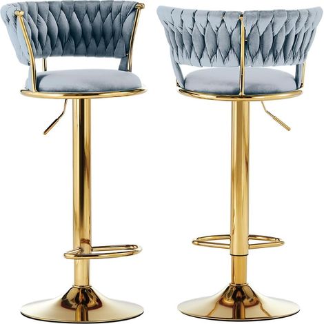 Lot de 2 tabourets de Cuisine avec revêtement en Velours et Dossier tressé et Hauteur réglable, chaises de Bar, Restaurant, Structure pivotante en Or avec Repose-Pieds, Design Moderne (Gris) (1/5)