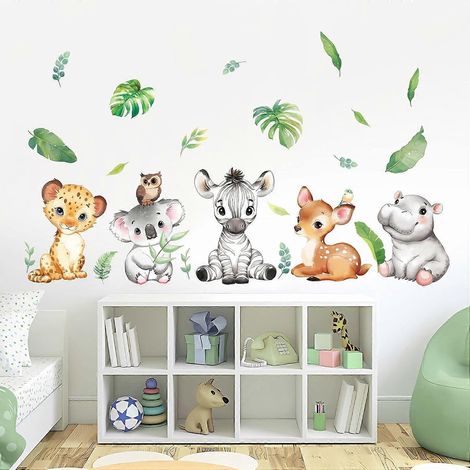 Stickers muraux Animaux de la jungle, animaux de la forêt, hippopotame, cerf, zèbre : décoration murale pour chambre de bébé, chambre d'enfant ou salle de jeux. (1/5)